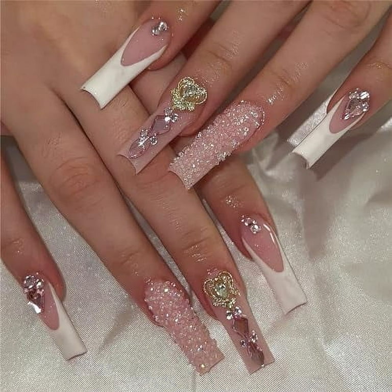 French Tip Long Square Fake Nails with 3D Rhinestone Designs Bling Broken Diamond Full Cover Glue on Nails Glossy Nude Pink Heart Charms Acrylic Nails for Women Girls 24Pcs Walmart