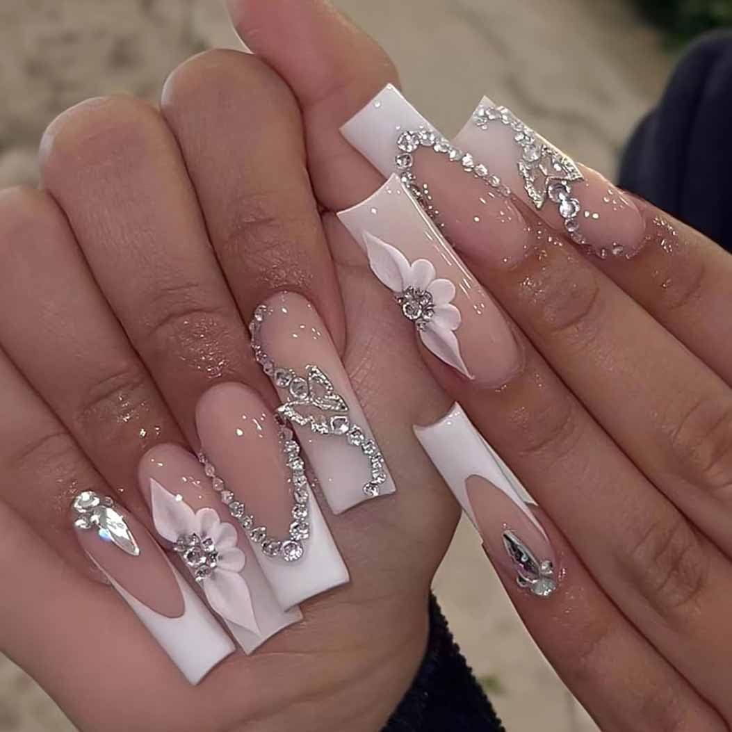 Shein 24pcs Long Square French Style Nail Art Decals for Immediate Style Boosting with White Nude Base Butterfly Flower Rhinestone Decor Reusable with