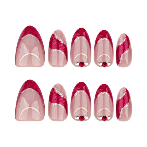 French Tip, Ombre, and Glitter Fake Nails, Red, Gold, and White Medium Long Oval Glossy Press on Nails with Rhinestone Accents, 24 Count