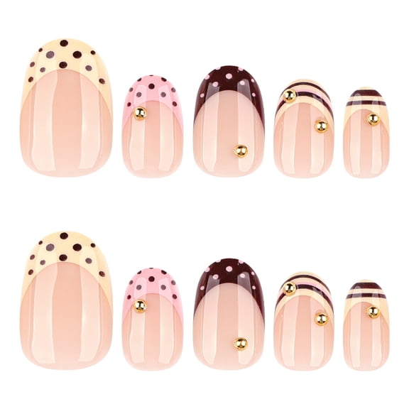 French Tip, Polka Dot, and Striped Fake Nails, Nude Beige, White, and Pink Medium Long Square Glossy Press on Nails with Metal Accents, 24 Count
