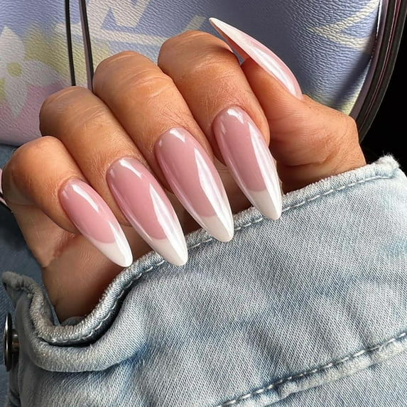 French Tip Press on Nails Hot Pink glue on nails Medium Length Almond Nails Press on False Nails with Glue Fake Nails with Designs Glitter for Nails Full Cover Glossy Acrylic Stick on Nails for Women