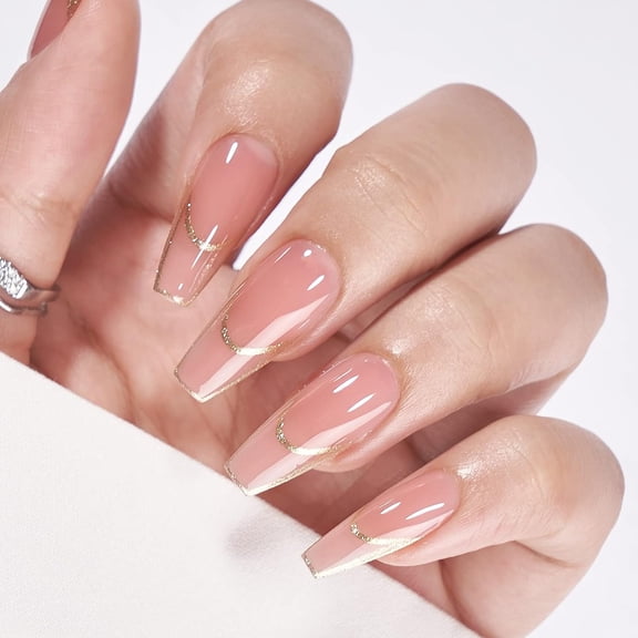 French Tip Press on Nails Long - Gold Outline French Tip Press on Nails, Coffin Glue On Nails, Reusable Soft Gel Stick On Nails with Nail Glue in 15 Sizes, Gilded French Gold Gilded French