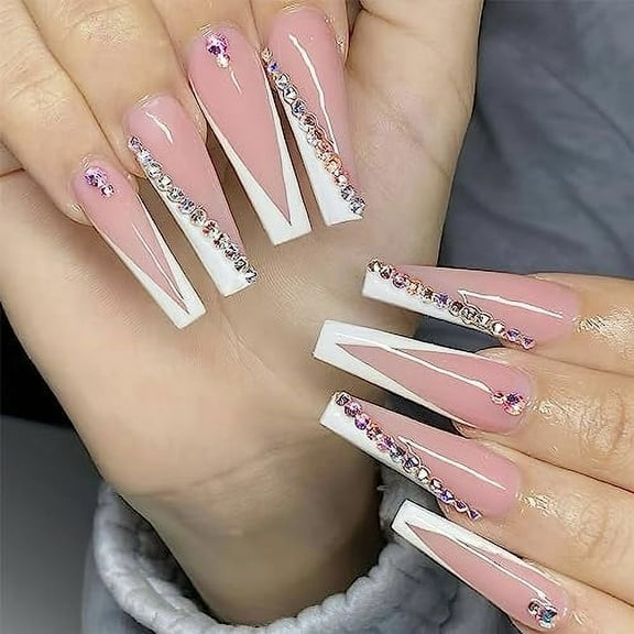 French Tip Press on Nails Long White Pink Ballerina Fake Nails Glossy French Glue on Nails With Gem Luxury Straight Line with Rhinestones Design for Women Acrylic False Nails Manicure Decor 24pcs