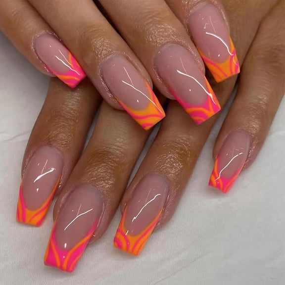 French Tip Press on Nails Medium Coffin nails Orange Pink Fake Nails Glossy Nude Acrylic False Nails Orange Designs Stick on Nails for DIY Home Manicure Multicolor 3 Ounce (Pack of 1)