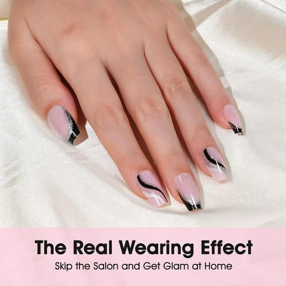 French Tip Press on Nails Medium Glossy Coffin Glue on Nails Black Tip Silver Glitter Line Designed Full Cover Acrylic False Nail Press ons, 24PC 10Size Gel Manicure Stick on Nail, French Pink Glitte