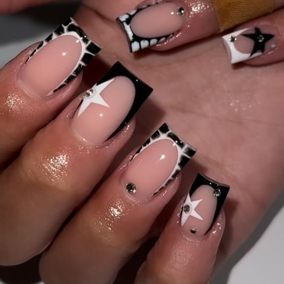 French Tip Press on Nails, Press on Nails Square, Bare Black Medium Long Fake Nails, Reusable Nail Kit with Shimmer Diamond Design Style, False Nails for Women Daily Wear