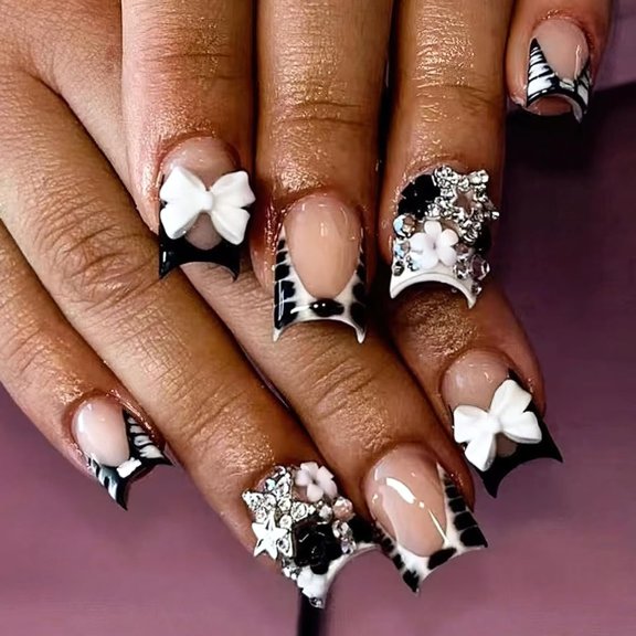 French Tip Press on Nails Short Square Fake Nails with Bow Charms Designs Black White Zebra Print False Nails Cute Small Flowers Silver Star Nail Rhinestones Stick on Nails for Women 24Pcs