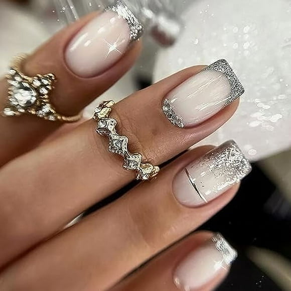 French Tip Press on Nails Short Square Fake Nails Rhinestone Designs False Nails Silvery Glitter Full Cover Acrylic Nails with Lines Artificial Nails for Women DIY Nail Art 24Pcs