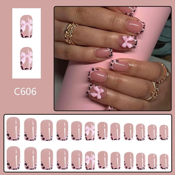 French Tip Press on Nails Short Square, Pink Fake Nails with Leopard French Tips and Bow Designs, Glossy Finish Acrylic Press On Nails, Glue On Nails in 12 Sizes, 24 Stick On Nails Kit