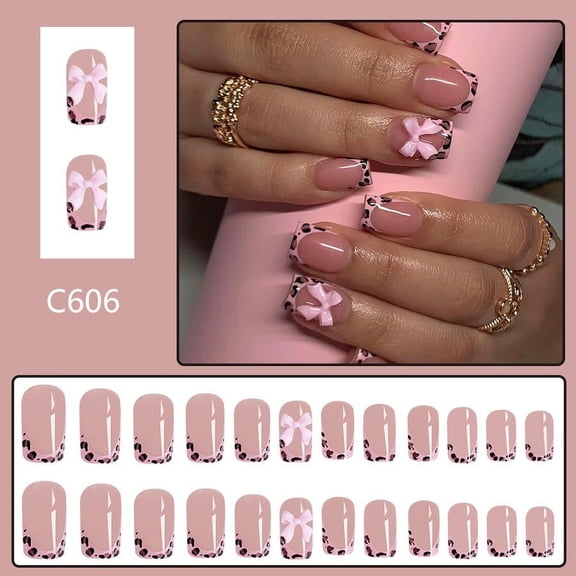 French Tip Press on Nails Short Square, Pink Fake Nails with Leopard French Tips and Bow Designs, Glossy Finish Acrylic Press On Nails, Glue On Nails in 12 Sizes, 24 Stick On Nails Kit