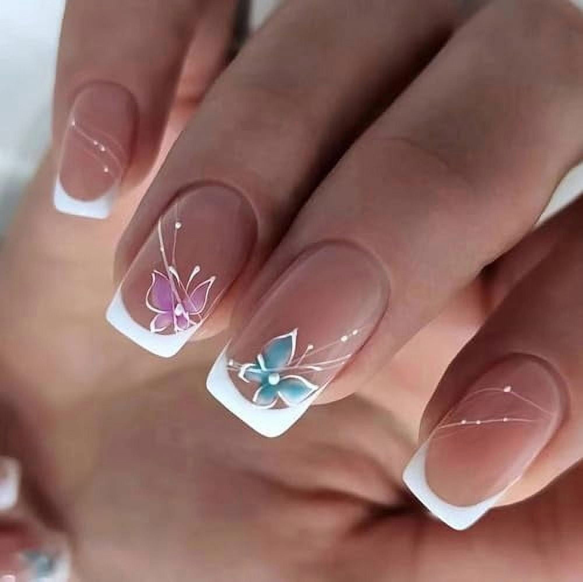 French Tip Press on Nails with butterfly Designs Short Square Fake Nails Gloss False Nails Spring Glue on Nails French Acrylic Nails Reusable Artificial Nails for Women