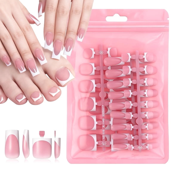 French Tip Press On Nails 60 Pcs, Medium Square Fake Nails - White Tip Acrylic False Nails for Fingers Toes, Reusable DIY Manicure Kit for Women