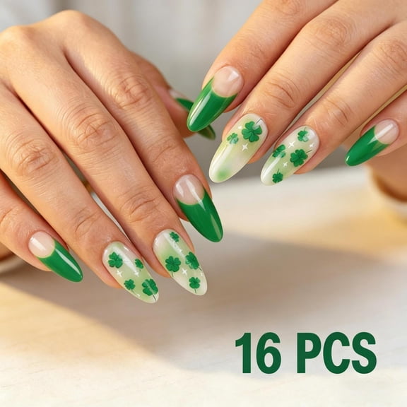 French Tip Press-On Nails, Almond,Multicolour, Medium Length, 16 Count,C