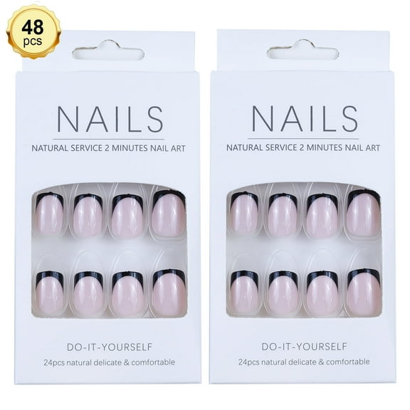 48pcs Press On Nails Short Squoval Shape Nude Pink French Tips Popular Nail Art Gifts for Women ( Two Nail Set ,24count/set, Total 48 count)