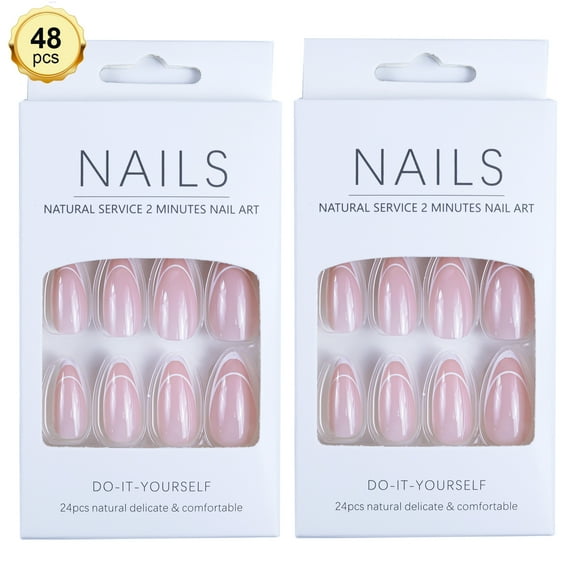48pcs Press On Nails Pink French Tips Popular Fake Nails Nail Art Gifts for Women DIY at Home Party ( Two Nail Set ,24count/set, Total 48 count)