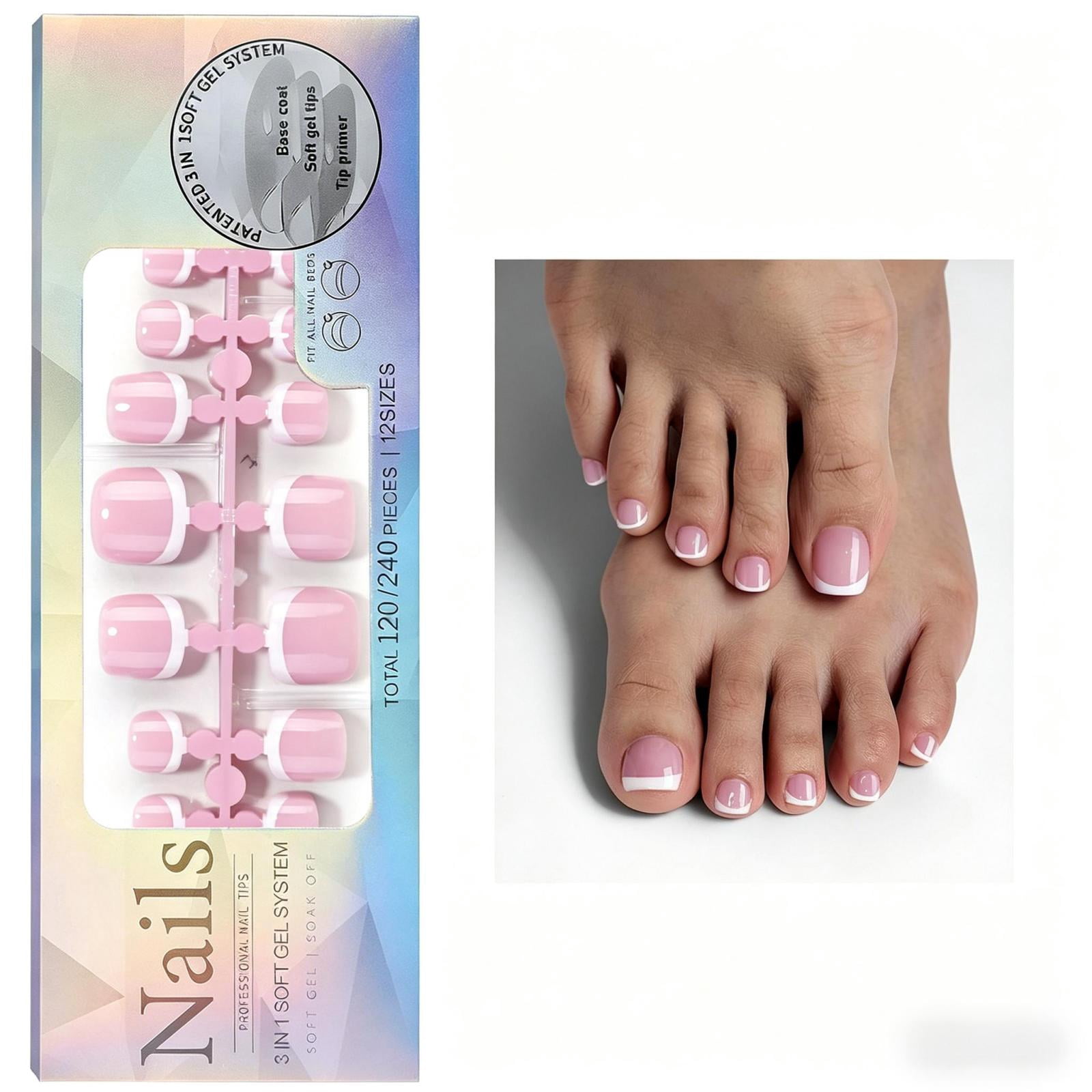 French Tip Press On Toenails, 120PCS Soft Gel Fake Toe Nails, 3-in-1 ...