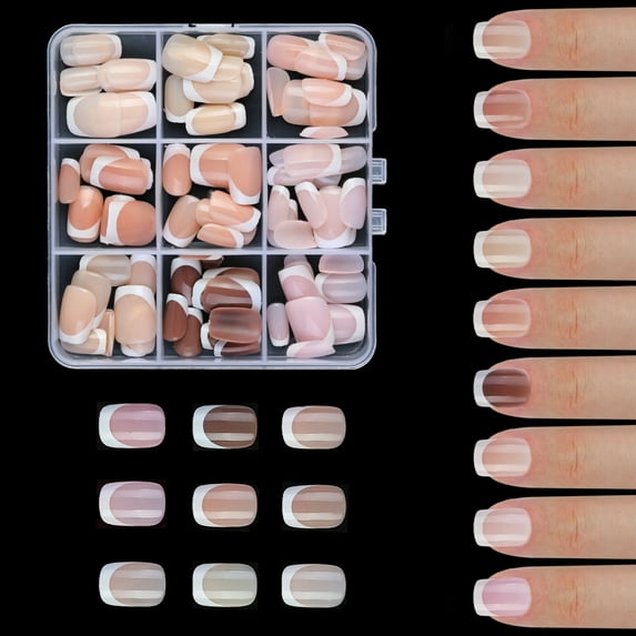French Tip Press on Nails Almond Shape Fake Nails Full Cover Glosses Nude False Nails Acrylic Nails Adhesive Tabs