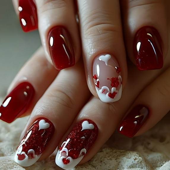 French Tip Press on Nails Heart Fake Nails Medium Square False Nails with Nails Full Cover Stick on Nails for Women Manicure