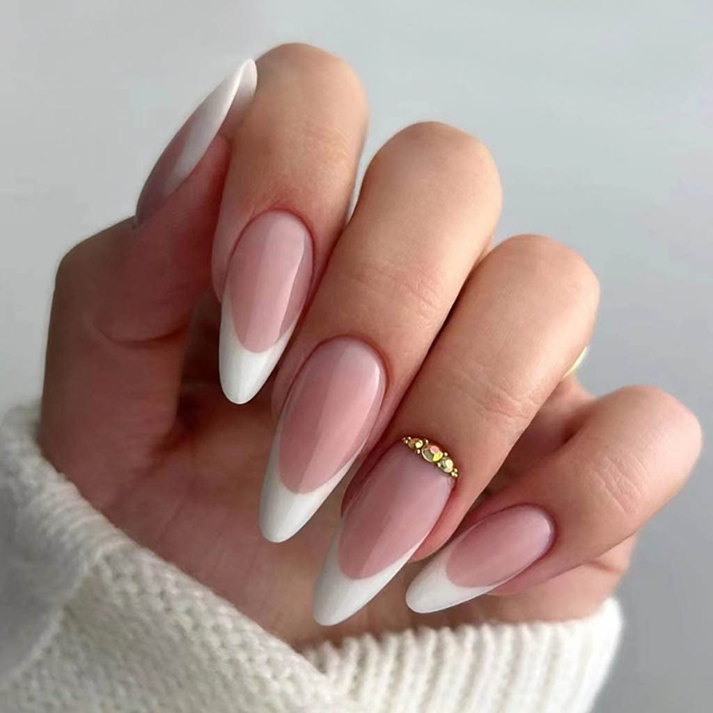 French Tip Press on Nails Medium Fake Nails White Nails Almond Acrylic
