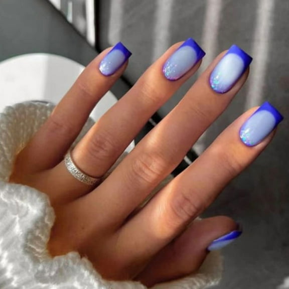 French Tip Press on Nails Short Klein Blue, Medium Square Fake Nails with Glue, Acrylic Glue on Nails for Women, 24PCS/Set