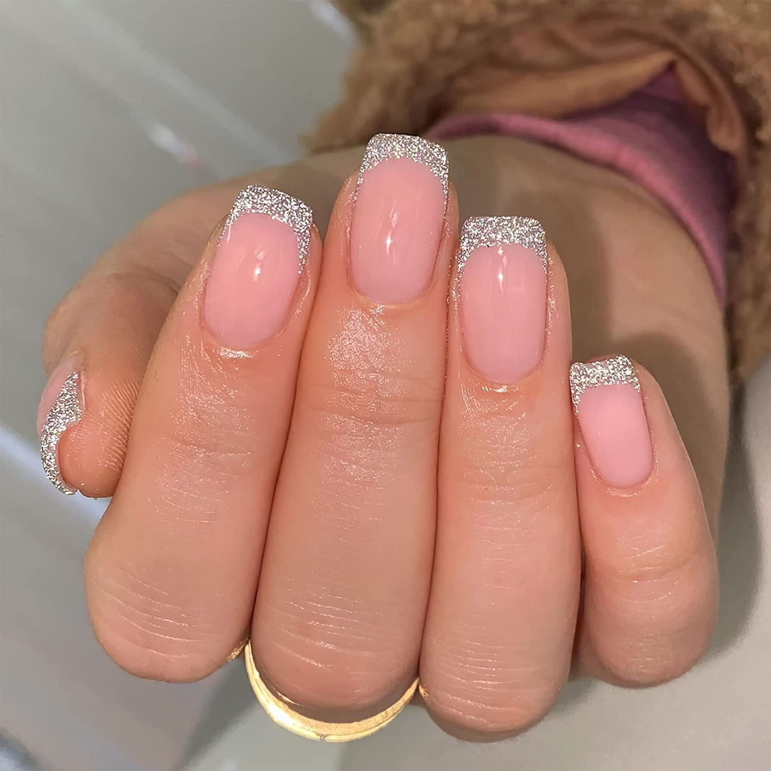French Tip Press on Nails Short Silver Glitter Glossy Glue on Fake