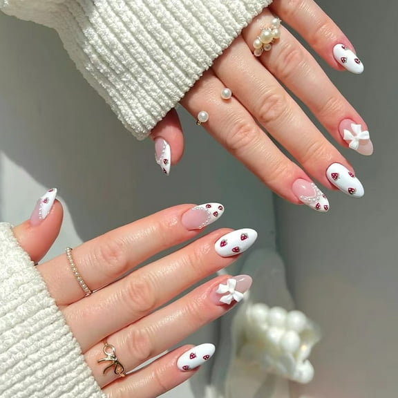 French Tip Short Acrylic Nails with 3D Bows Designs Almond False Nails for Women Manicure Nails 24Pcs