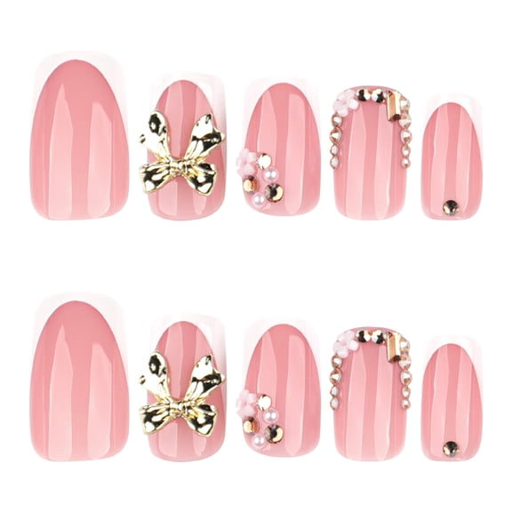 French Tip and Bow Press on Nails in Gold and Pink, Square Glossy False Nails with Rhinestone Accents, 10 Count