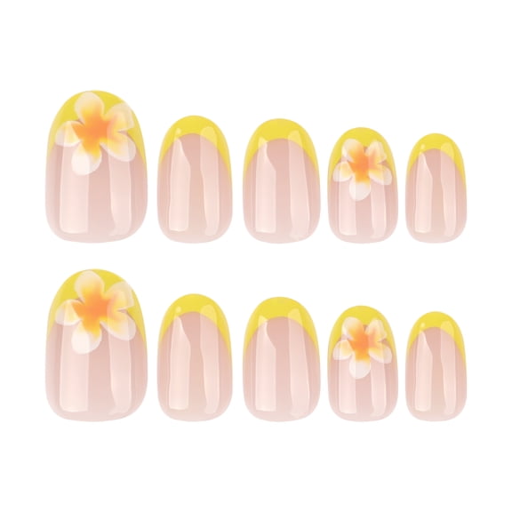 French Tip and Floral Fake Nails, Nude Beige, Yellow, and White Medium Long Oval Glossy Press on Nails, Self-Adhesive, 24 Count