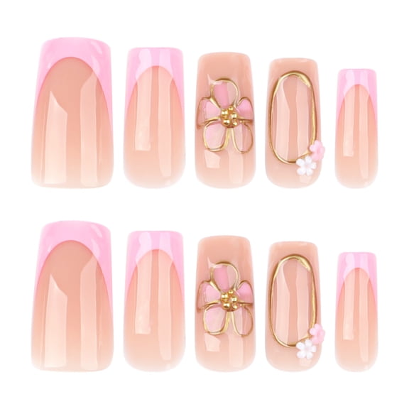French Tip and Floral Fake Nails, White, Gold, and Nude Pink Medium Square Glossy Press on Nails with Raised Floral Details, 24 Count