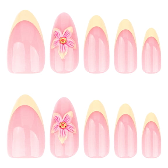 French Tip and Floral Press on Nails in Yellow, Pink, and Nude Beige, Short Almond Glossy False Nails with Raised Floral Details, 30 Count