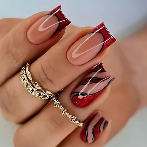French Tips Press on Nails with Curve Designs, Glossy Red Fake Nails