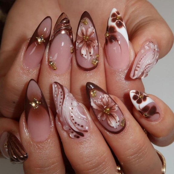 French Tips Press on Nails Medium Almond Nails Press on with 5D Flower Charm Design Glossy Brown Glue on Nails Water Ripple Rhinestones Fake Nail Reusable Fall Winter Nail for Women Manicure 24Pcs