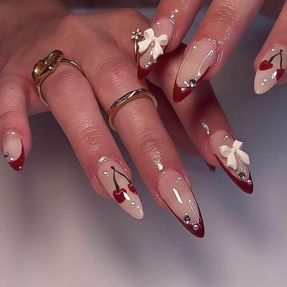 French Tips Press on Nails Medium Almond Nude Pink Fake Nails Rhinestone Full Cover False Nails Bow Charms Designs Cute Cherry Press on Nail Glossy Stick on Nails for Women Girls 24 Pcs Style 13