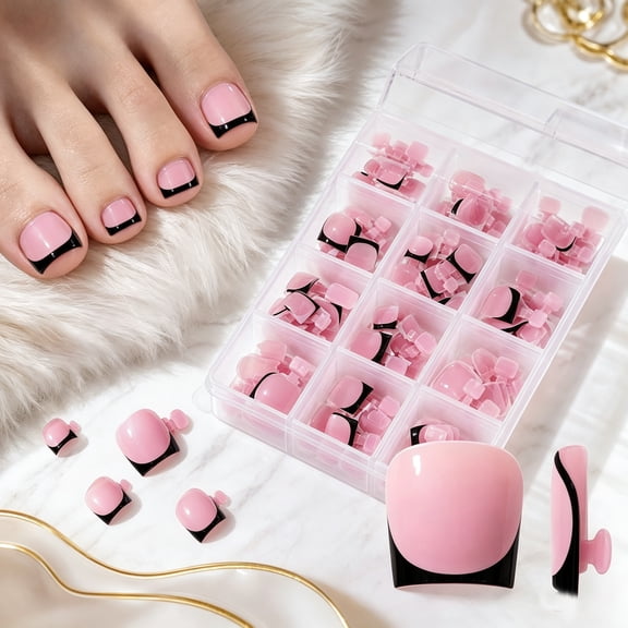 French Tips Toe Press On Nails, 150Pcs Square Pre-Designed Soft Gel Thick False Toenail Extension, Salon Grade Fake Toe Nail Tips for Pedicure DIY Home Manicure (Solid Black)