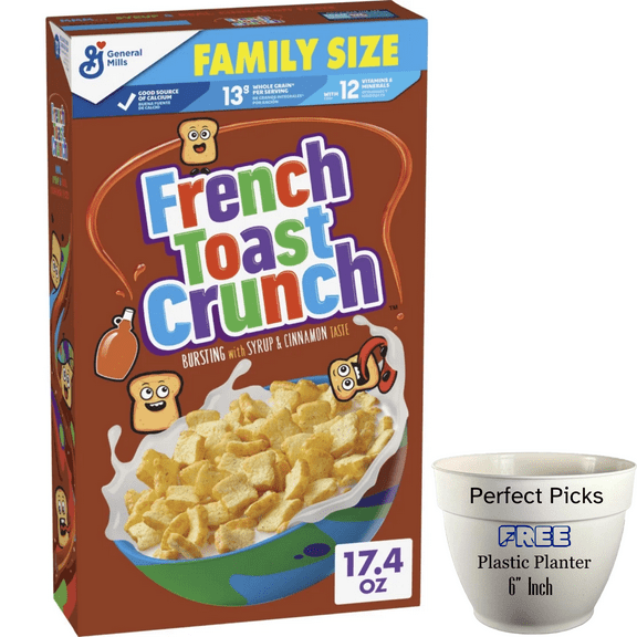 French Toast Crunch Breakfast Cereal, Syrup and Cinnamon Taste, Family Size, 17.4 oz, Includes 1 Plastic Planter