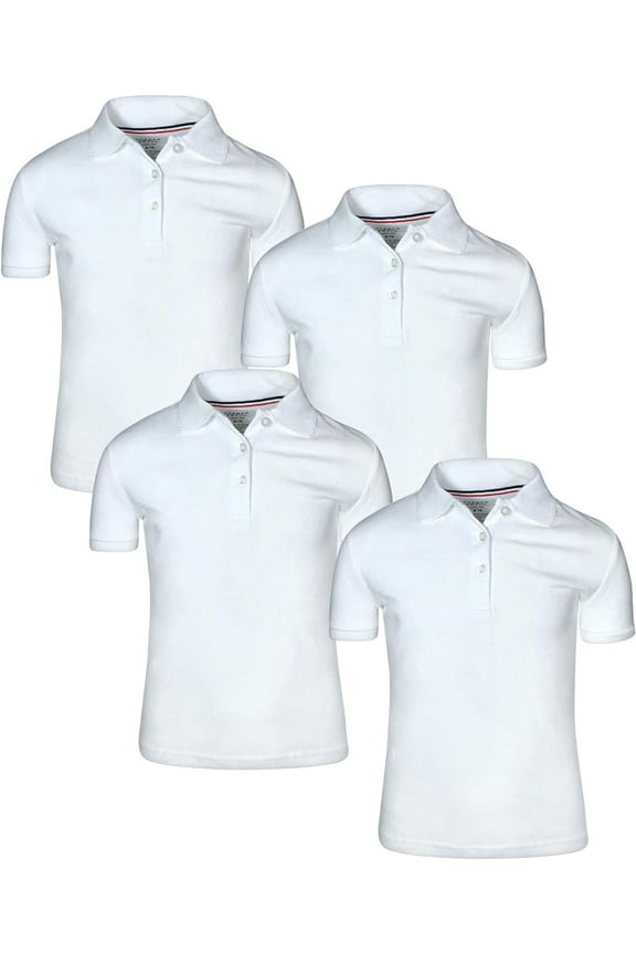 Girl's Uniform Polo Short Sleeve Interlock (4 Pack), White, Large 10/12