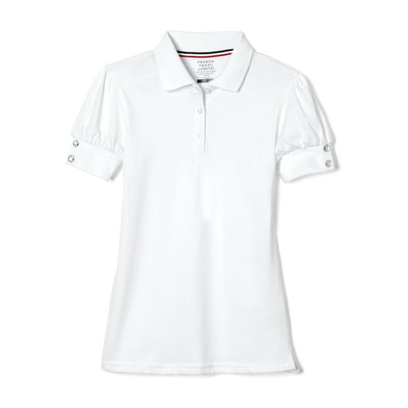 French Toast Girls School Uniform Short Sleeve Puff Sleeve Polo Shirt With Rhinestone Buttons, Sizes 4-16 & Plus