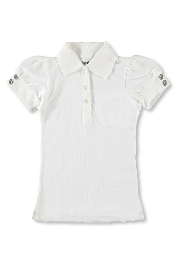 Toddler Girls School Uniform Short Sleeve Puff Sleeve Polo Shirt With Rhinestone Buttons