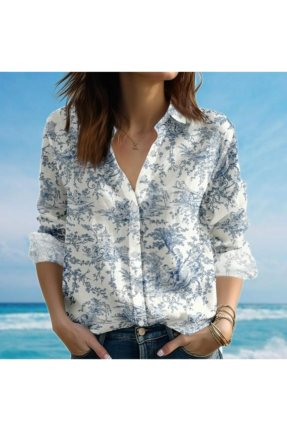 French Toile Blouse Shirt, Vintage Blue And White Women Shirt, Elegant Women Button Shirt, Romantic Cottagecore Shirt, Button Down Shirt For Vacation Trip