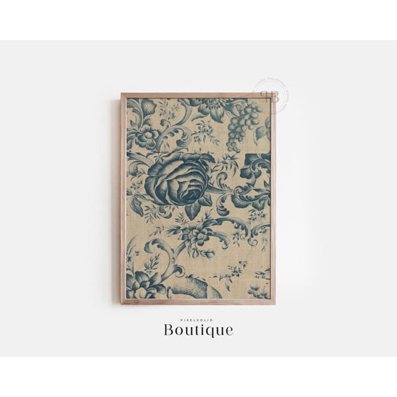 French Toile Floral Blue Botanical Pattern Poster Unframed Paper Print