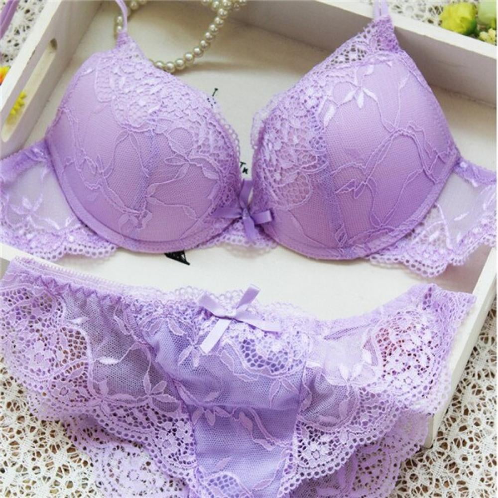 French Transparent Bra Romantic Temptation Lace Bra Young Women Underwear  Set Push Up Bra and Panty Set Purple 70