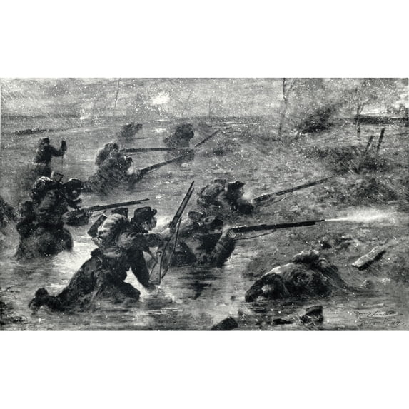 French Troops Advancing In A Snowstorm Through The Flooded Ditches And Bare Woods Of Southern Belgium In Nov. 1914.