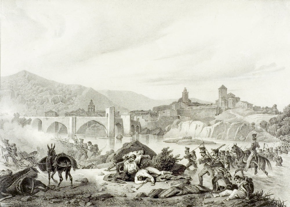 French Troops Attack Bezalu (Besalu) Girona Spain During The Napoleonic Wars In 1808 19Th Century Lithograph By Engelmann After Langlois Canvas Art - Ken Welsh Design Pics (17 x 12)