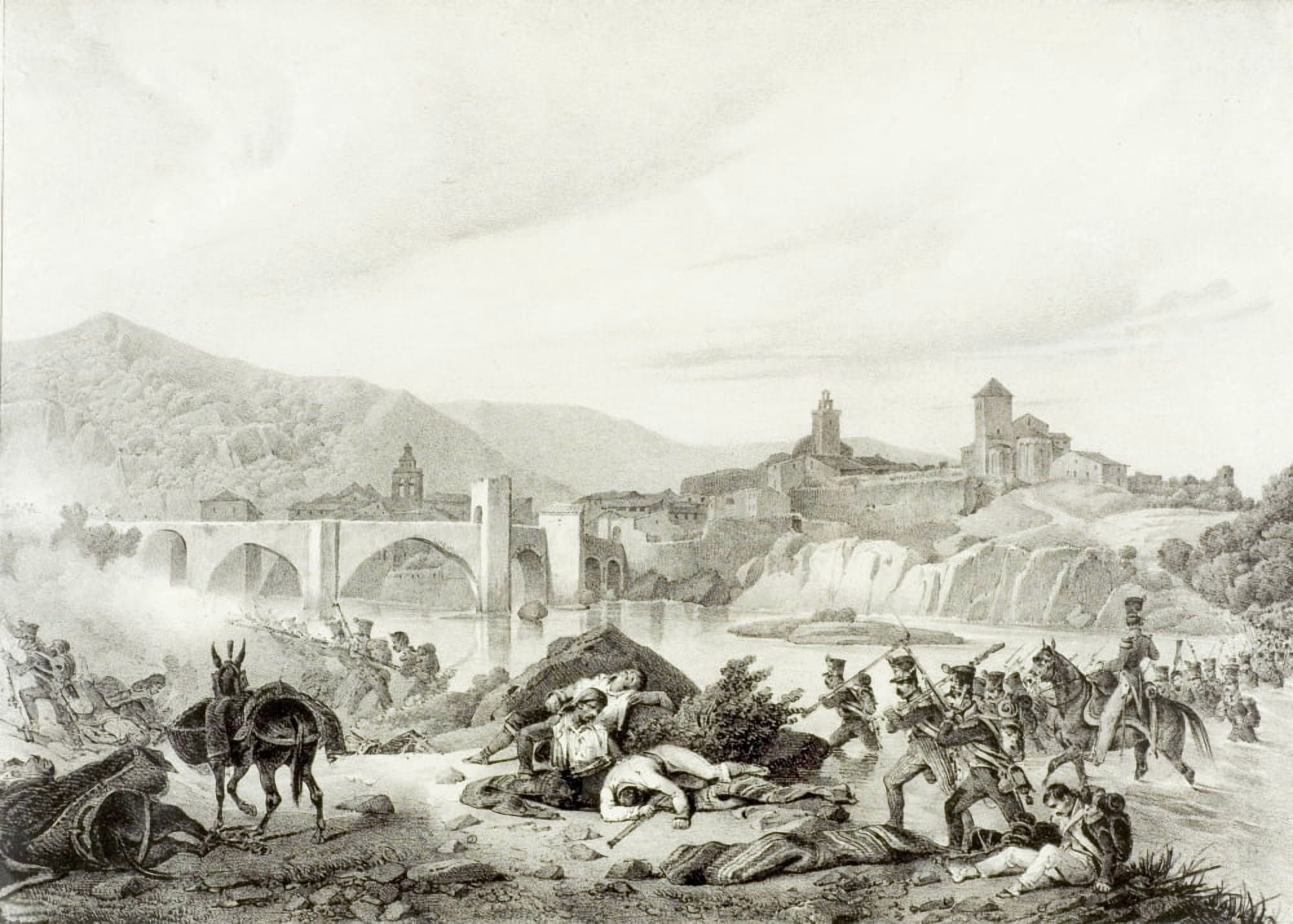 French Troops Attack Bezalu (Besalu) Girona Spain During The Napoleonic Wars In 1808 19Th Century Lithograph By Engelmann After Langlois Canvas Art - Ken Welsh Design Pics (34 x 24)