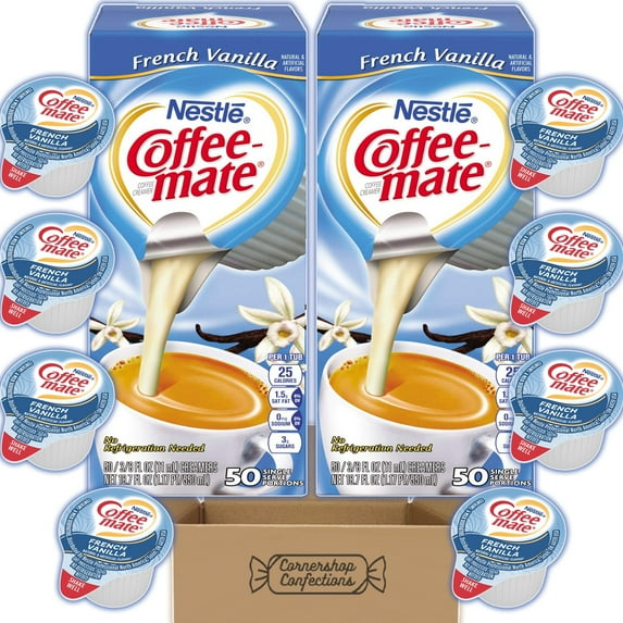 French Vanilla Coffee Mate Mix and Match Flavored Creamer Cups - 100 Single Serve French Vanilla Coffee Creamer Cups In Convenient Dispenser Boxes In Cornershop Confections Pack