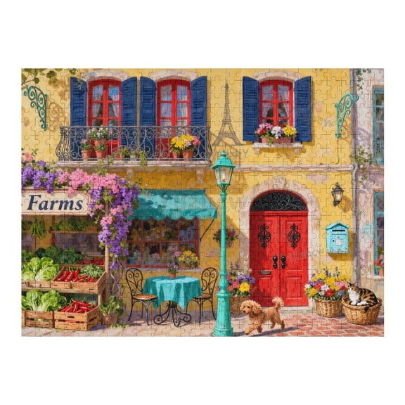 French Village Yellow House with Eiffel Tower Wooden Jigsaw Puzzle 500 Pieces for Adults, Classic Home Decor Puzzle, Indoor Brain Teaser Game, Tabletop Leisure Hobby Activity
