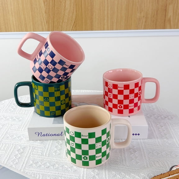 French Vintage 4‑Piece Creative Checkered Coffee Mugs – 15 oz Retro Grid Pattern Ceramic Tea Cup Set, Unique Square Style Water Cups for Home Kitchen, Microwave & Dishwasher Safe