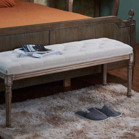 French Vintage 47" Entryway Bench Wood & Tufted Cushion Bedroom Bench and More