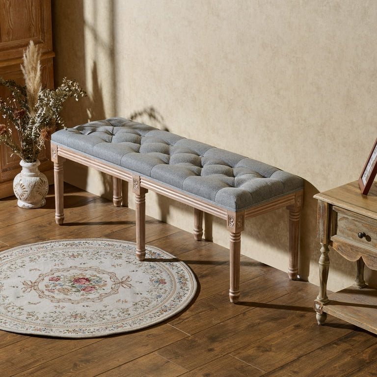 French Vintage Bench 48 Upholstered Ottoman w Button Tufting Carved Wood Gray Walmart