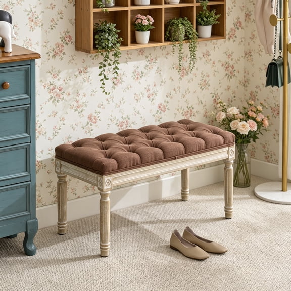 French Vintage Bench, Linen Fabric Entryway Bench, Upholstered Tufted End of Bed Bench with Brushed Wood Legs, Brown